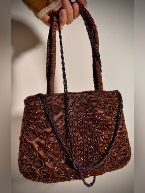 Vintage Fully Beaded Bronzy Brown Purple Purse Crossbody Bag
